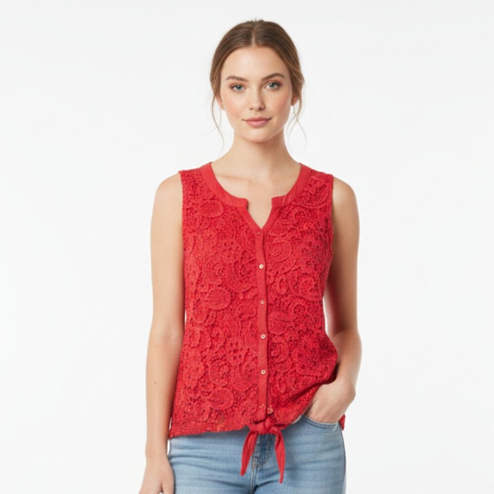Indigo Tank Red Crochet Lace Button Casual Festival Grunge Floral XL